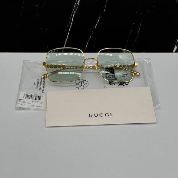 NEW GG1434S 003 GUCCI GOLD GREEN SQUARE METAL WOMEN GUCCI SUNGLASSES - Picture 12 of 13